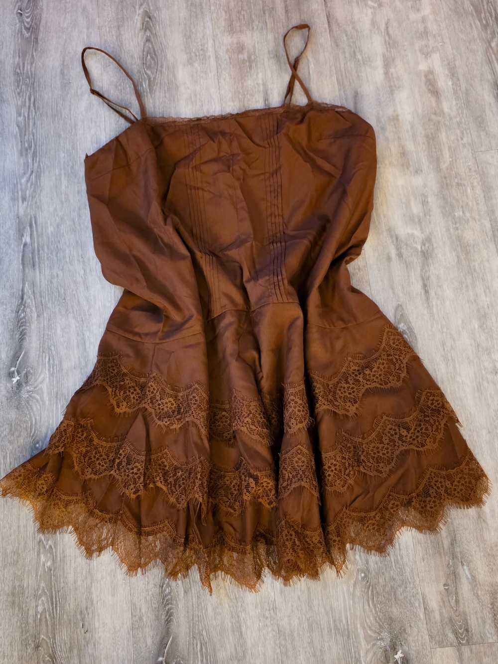 Storia Brown Lace Trim Mini Dress Women’s L NWT Cottagecore Romantic Cami